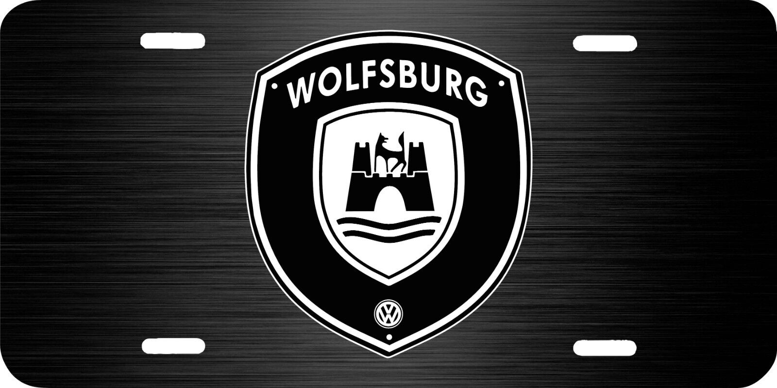 VOLKSWAGEN WOLFSBURG LOGO BLACK BRUSHED STEEL LOOK LICENSE PLATE AUTO CAR TAG