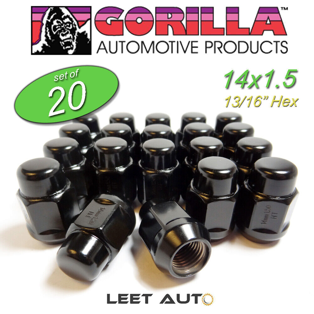 (20) Gorilla Lug Nuts, 14mm x 1.50, Black, Bulge Acorn, 13/16\