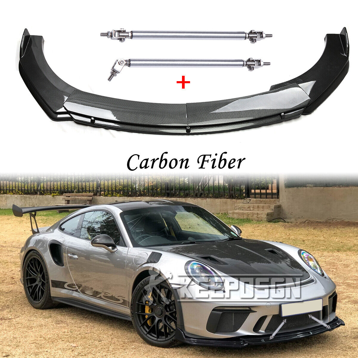 For Porsche Carrera GT 911 996 997 CARBON Front Bumper Lip Splitter + Strut Rods