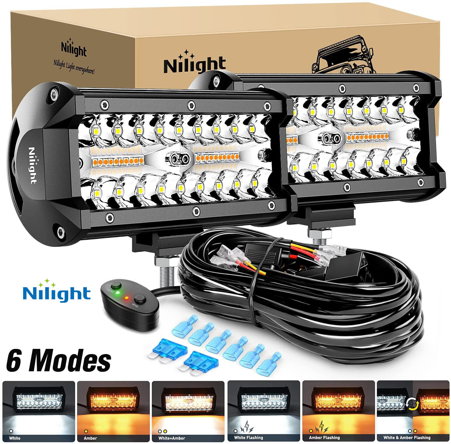 Nilight 2X 6.5 Inch 120W LED Amber White Light Bar Fog Driving Lamps Wiring Kits