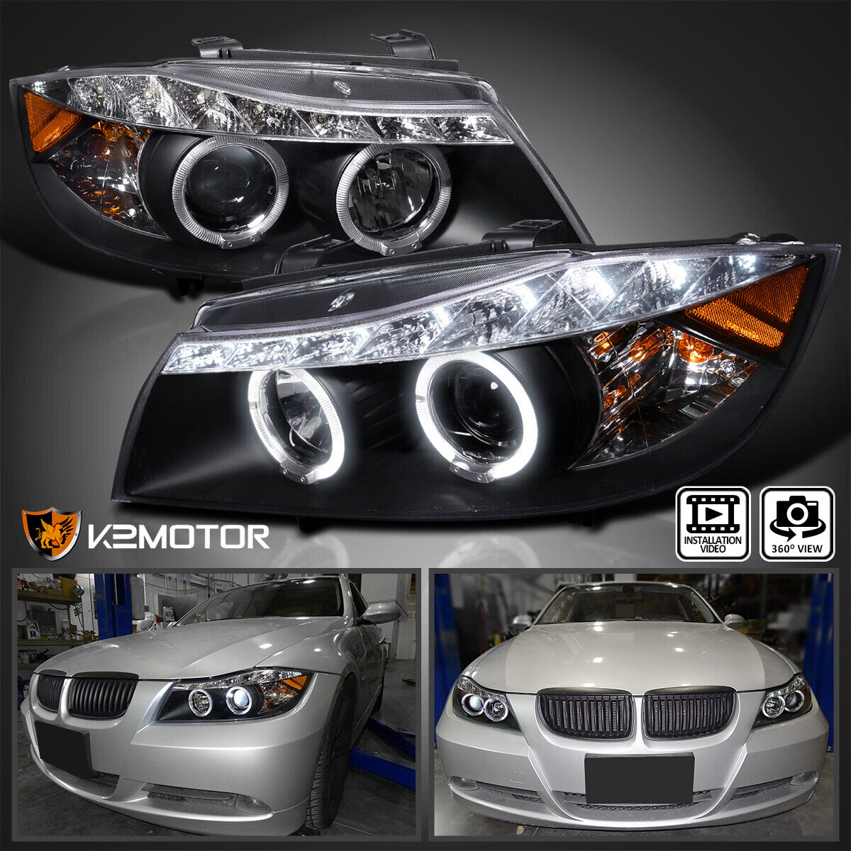 For Black 2006-2008 BMW E90 323I 335I 3 Series LED Strip Projector Headlights
