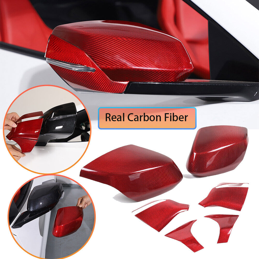 Red Real Carbon Fiber Side Mirror Cover &Lower Base Trim For C8 Corvette 20-23