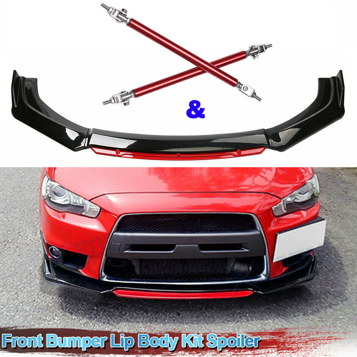For Mitsubishi Lancer Evo Red Front Bumper Lip Spoiler Splitter Kit + Strut Rods