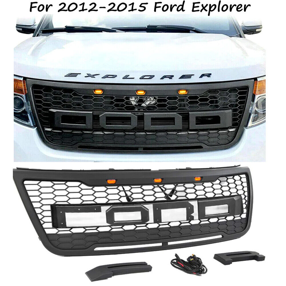 Grill for 2012-2015 Ford Explorer Front Bumper Grille w/Letter LED Matte Black