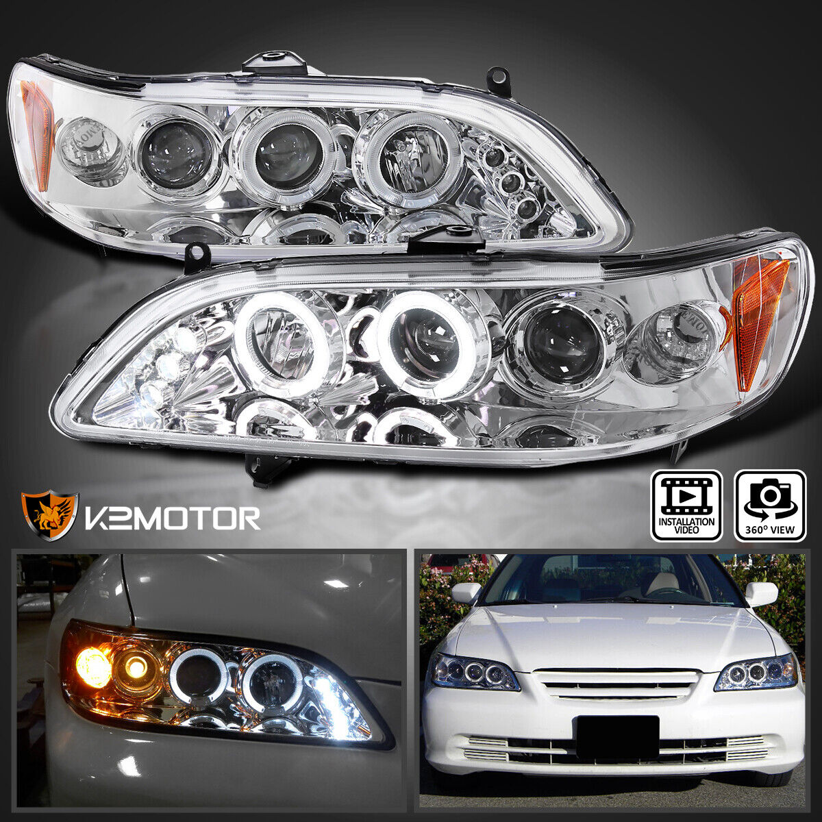 Fits 1998-2002 Honda Accord 2/4Dr LED Halo Projector Headlights Lamps L+R 98-02