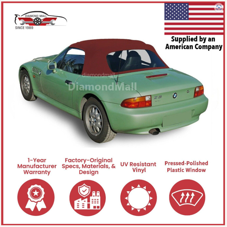 1996-02 BMW Z3 Convertible Soft Top w/DOT Approved Plastic Window, Burgundy