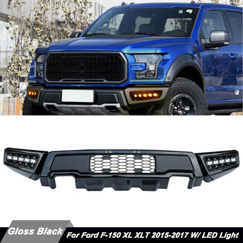 For 2015-17 Ford F150 XLT Raptor Style Black Steel Front Bumper With LED Lights