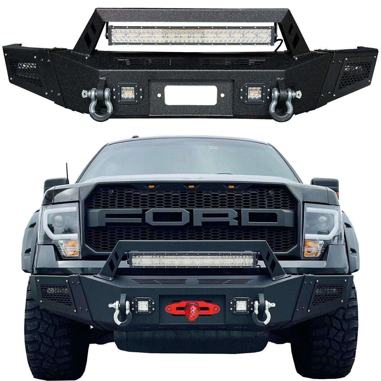 Fit 2009-2014 12th Gen Ford F150 Front Bumper w/ LED Lights and D-Rings