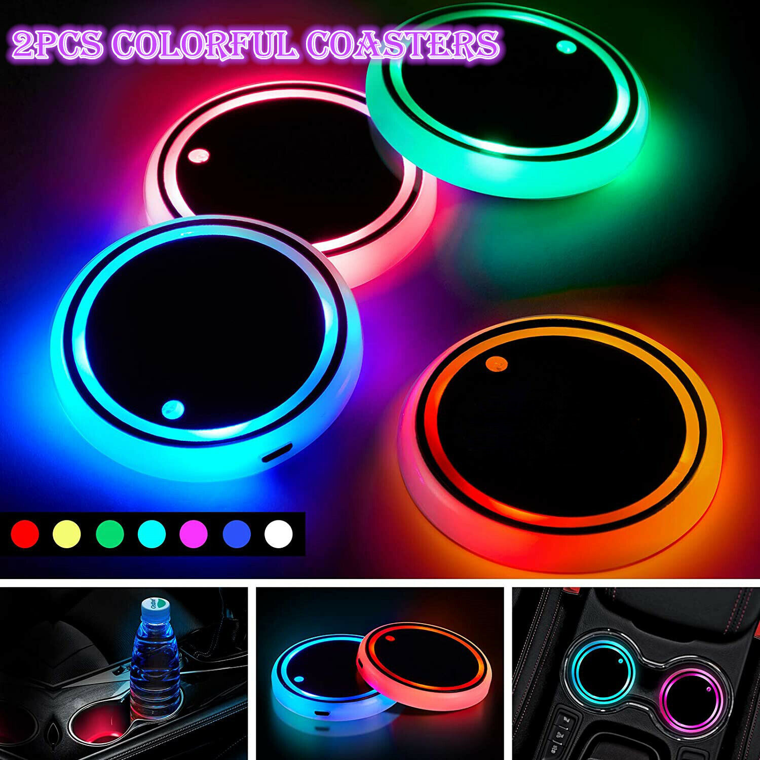 2X LED Cup Pad Car Accessories Light Cover Interior Decoration Lights 7 Colors