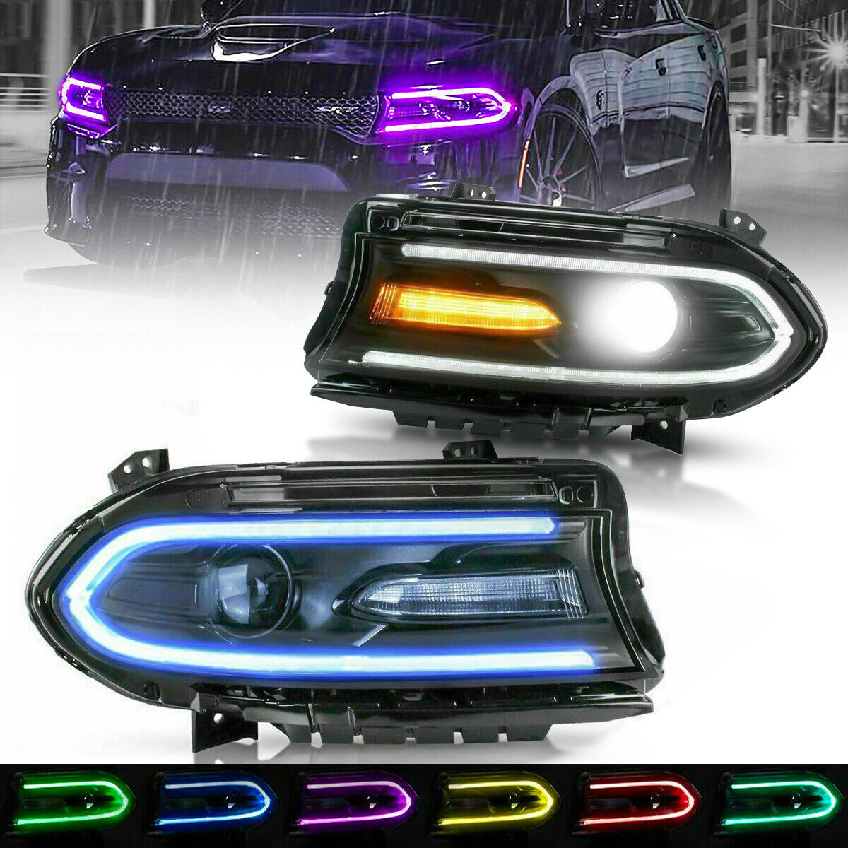 Set(2) LED Projector Headlights RGB Color Change For 15-20 Dodge Charger SRT GT