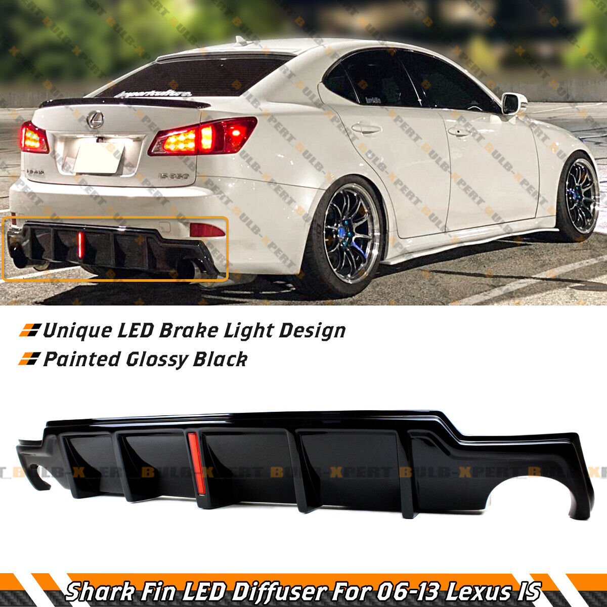 FOR 06-13 LEXUS IS250 IS350 JDM GLOSSY BLACK REAR BUMPER DIFFUSER WITH LED LIGHT