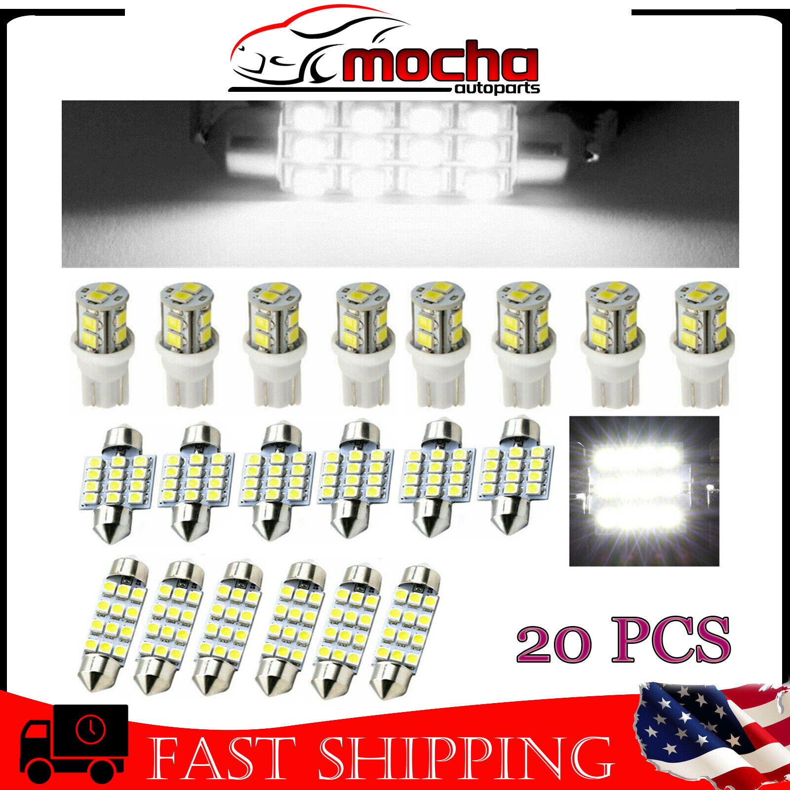 20PCS LED Interior Lights Bulbs Kit Car Trunk Dome License Plate Lamps T10 31 mm