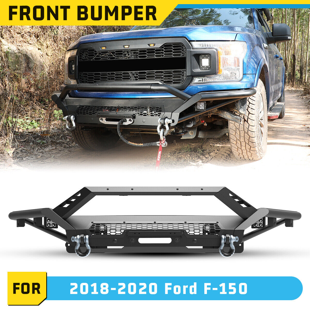Powder Coated Front Bumper For 2018-2023 Ford F-150 w/2*Shackles+2*LED lights