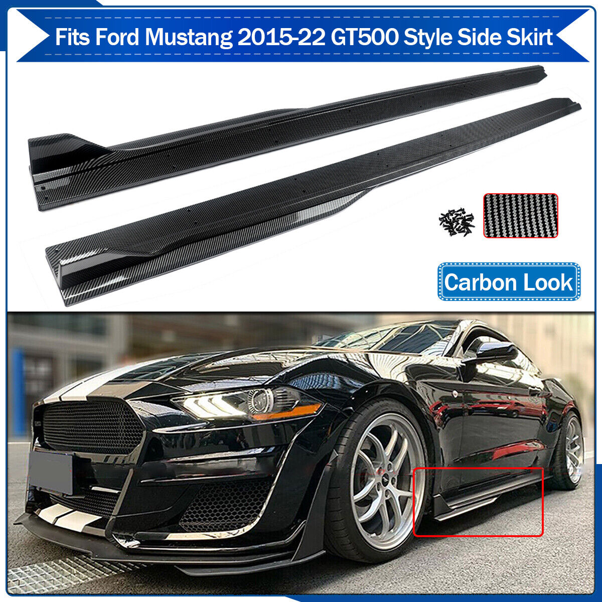 For 2015-2022 Ford Mustang GT500 Style Carbon Look Side Skirt Extension Splitter