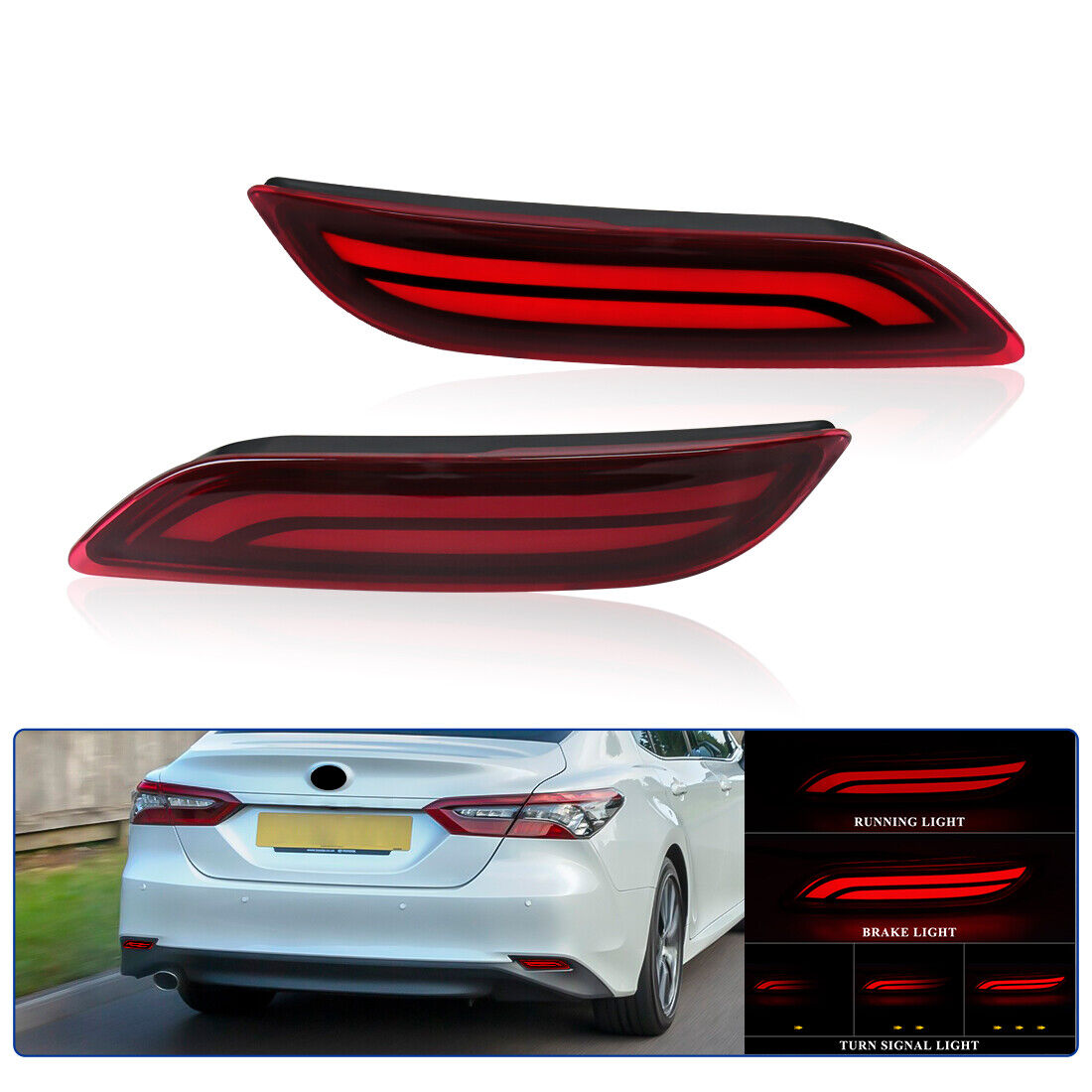 For 2018-23 Toyota Camry Rear LED Reflectors Sequential 2pcs