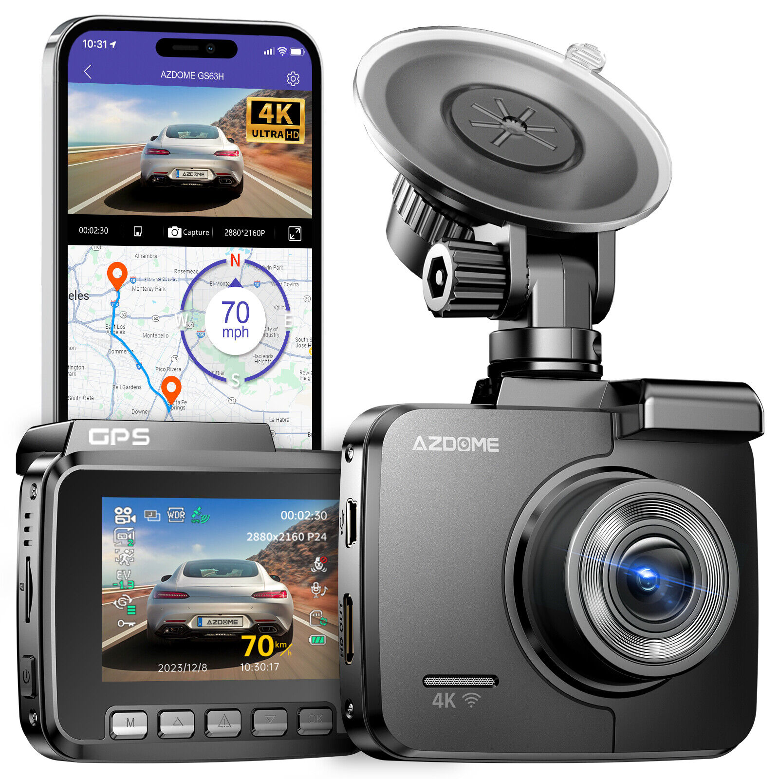 AZDOME Auto DVR 170° Smart Front Dash Cam 4K UHD WiFi & GPS Video Recorder APP