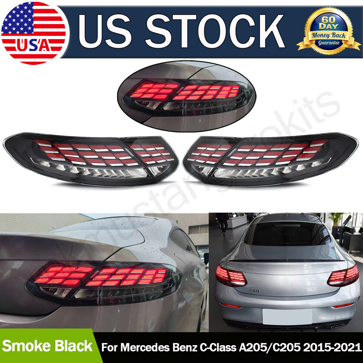 For 15-2021 Mercedes C-Class C205 Coupe C300 LED Tail Lights Assembly Smoke Lens
