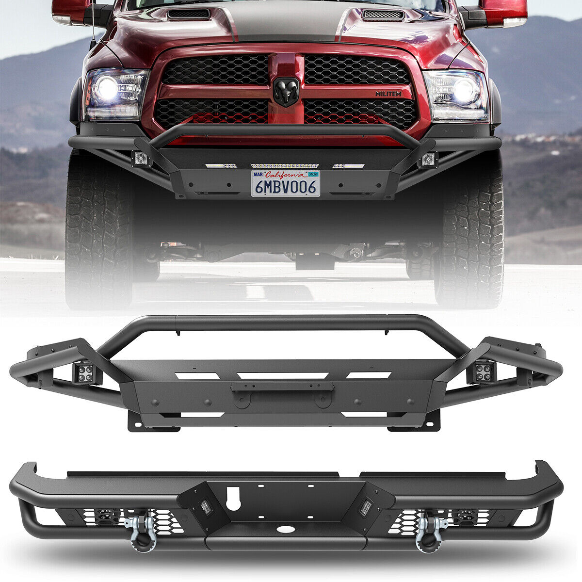 3 IN 1 Front Bumper Assembly +Rear Bumper w/D Rings For 2013-2018 Dodge Ram 1500
