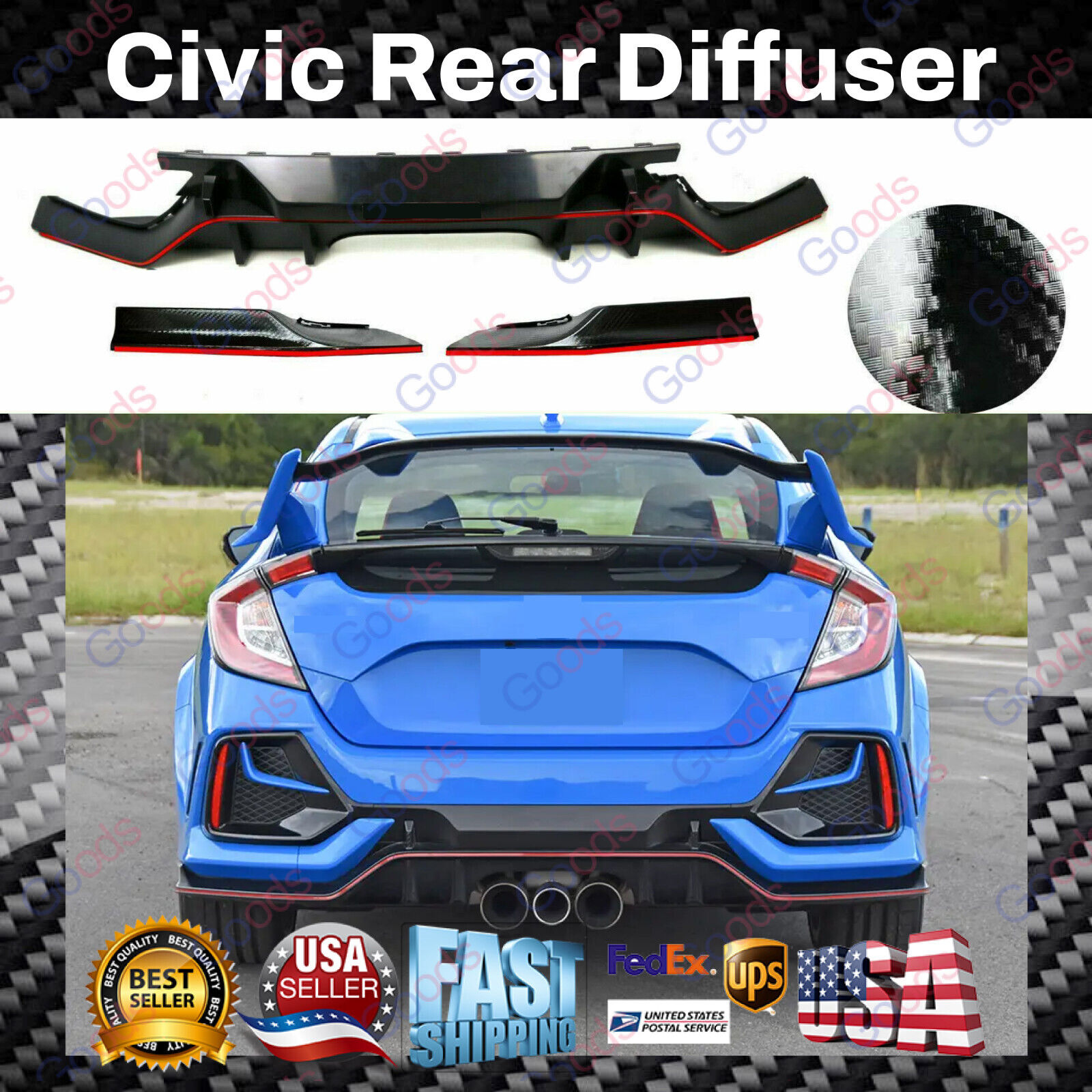 For 2017-2021 Honda Civic Hatchback Carbon Type R Style Rear Lip Diffuser