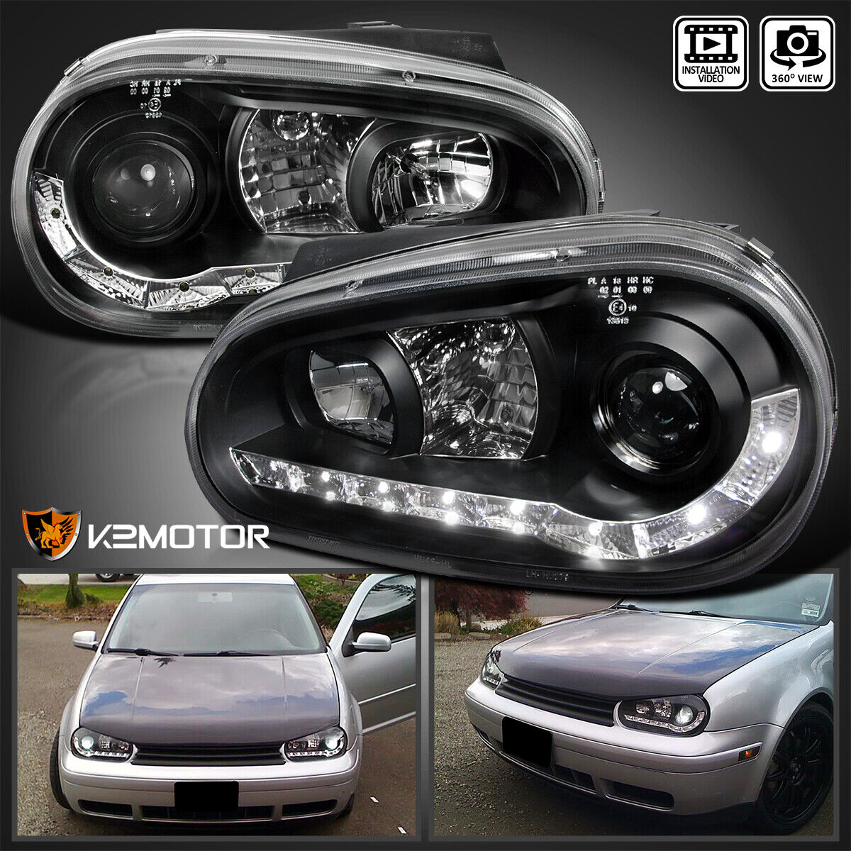 Black Fits 1999-2006 Volkswagen Golf MK4 LED Strip Projector Headlights Lamps