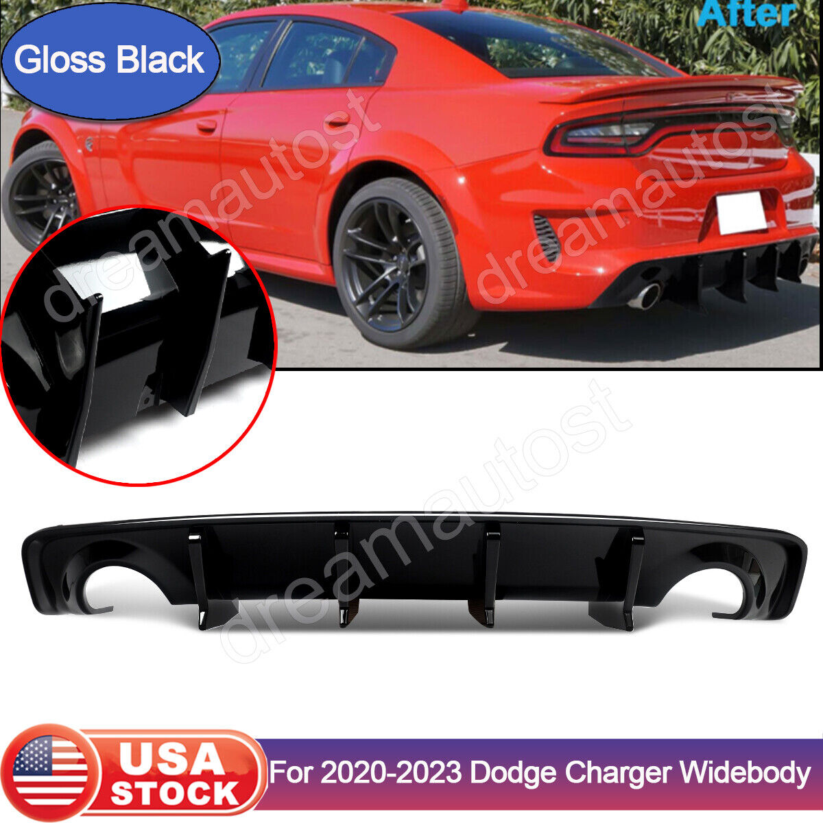 For 20-23 Dodge Charger Widebody Shark Fin Rear Diffuser Bumper Lip Glossy Black