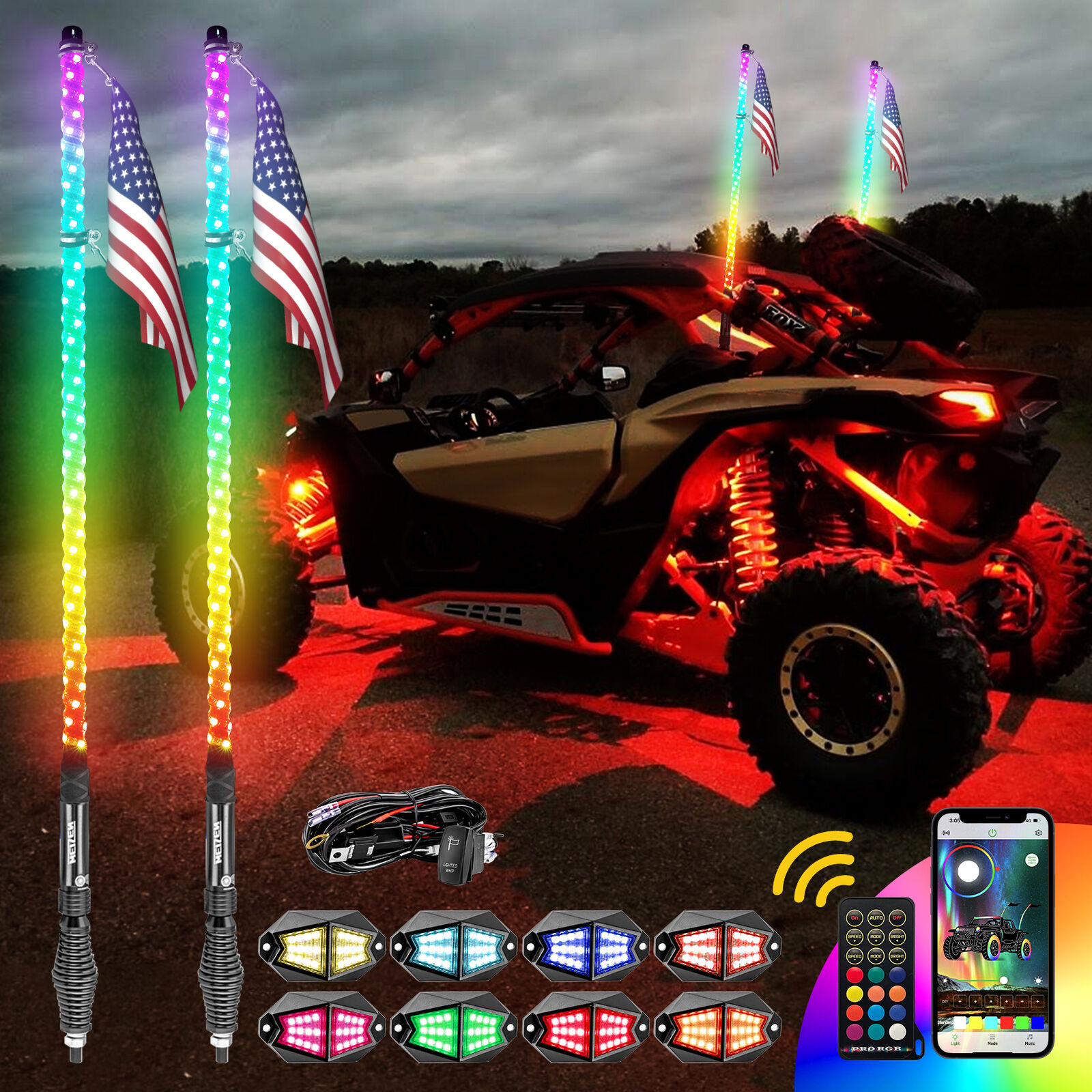 8 Pod RGB Rock Lights+2X 4FT Lighted Spiral LED Whip Wire Kit Antenna For Can am