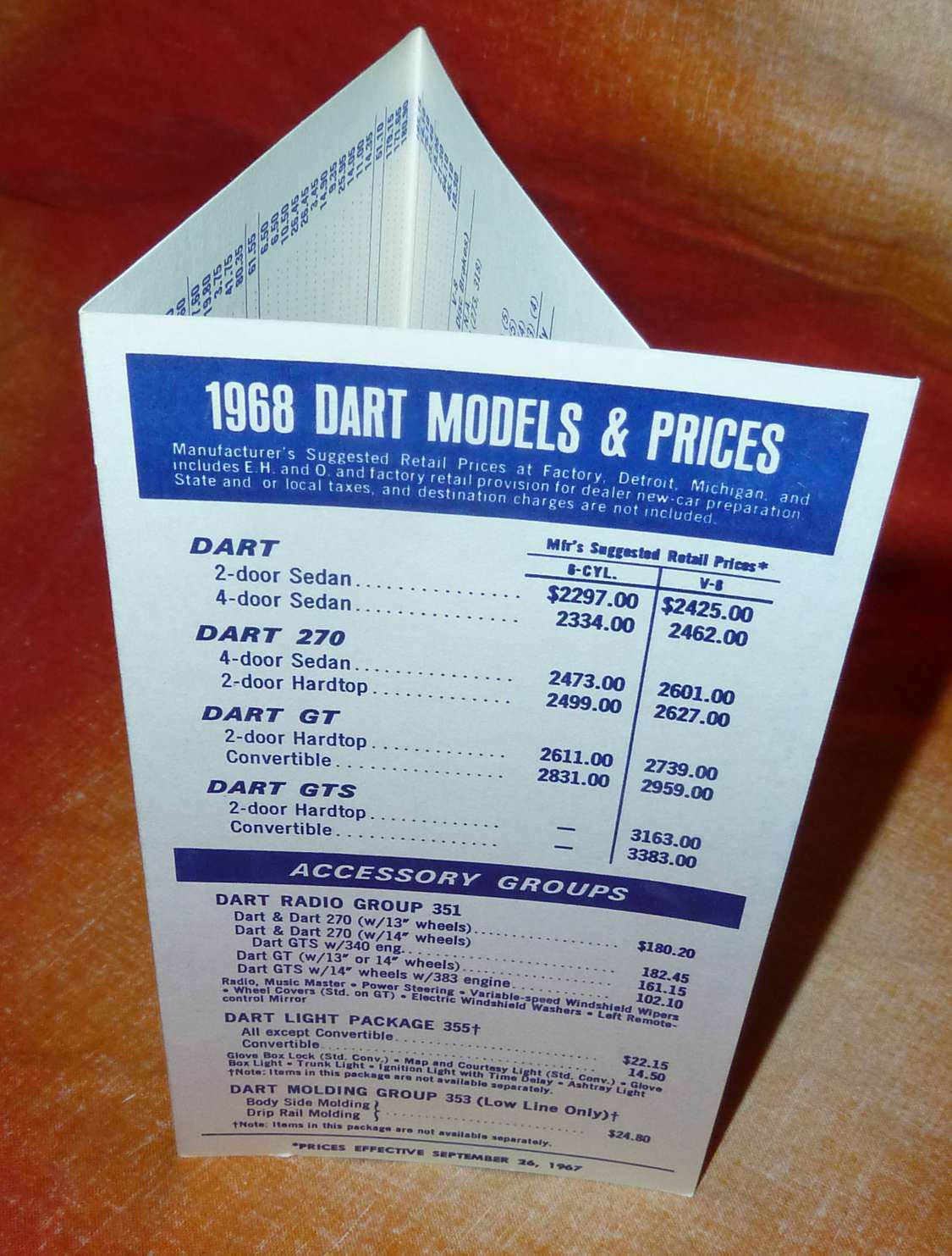 Mopar 1968 Dodge DART Dealer Factory Codes Options Prices 340-383-GT-GTS
