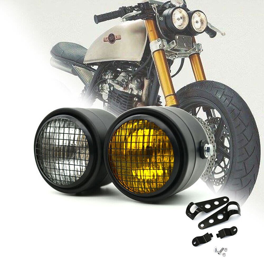 Motorcycle Twin Dominator Headlight Dual Lamp With Mount Bracket Street Black