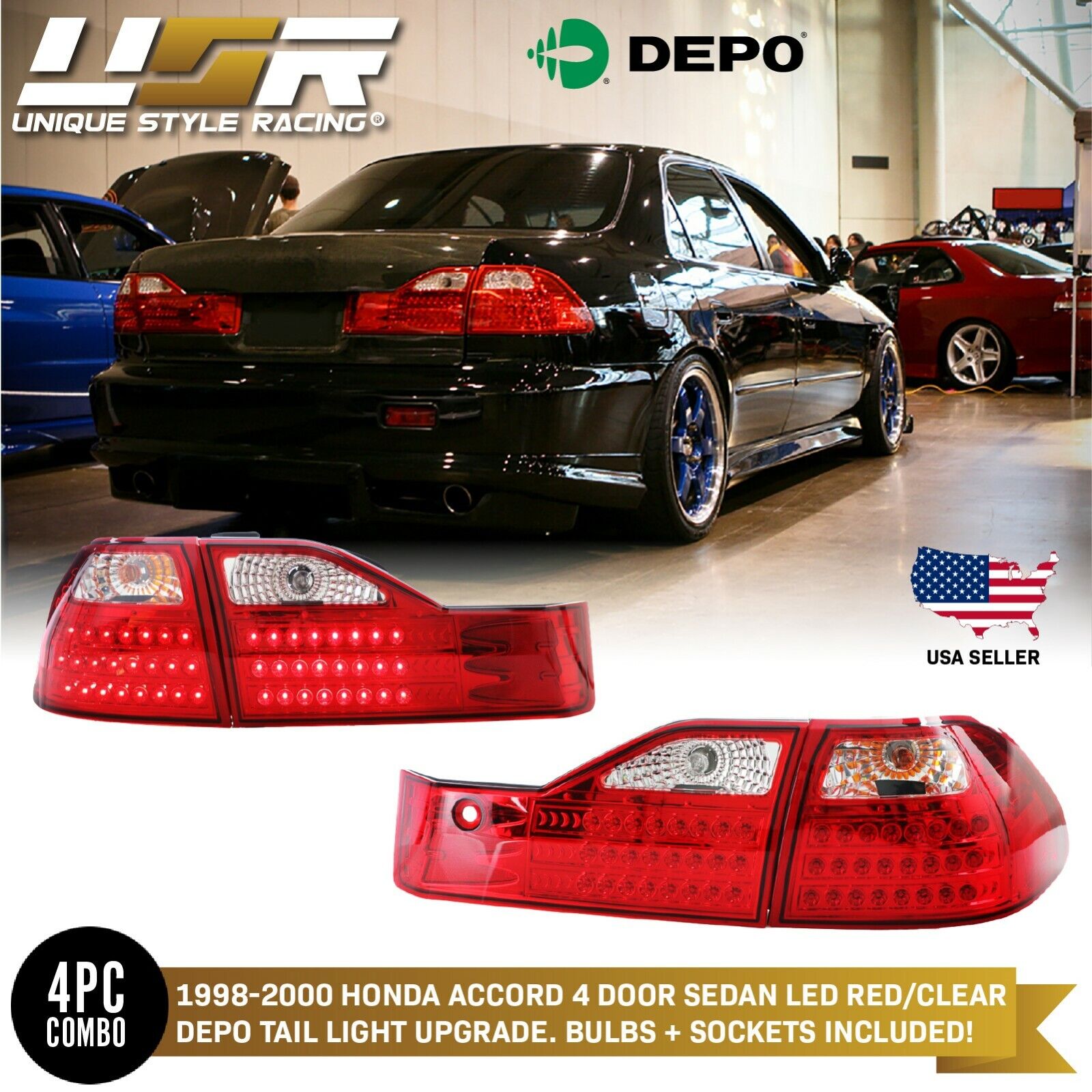 DEPO JDM Style Red/Clear LED Tail Lights For 1998-2000 Honda Accord 4 Door Sedan