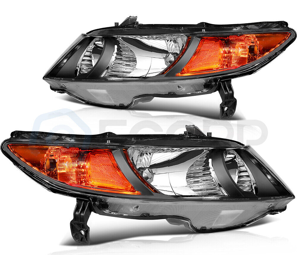 Pair Headlights Assembly For 2006-2011 Honda Civic 2Dr Black Kit Headlamps Set