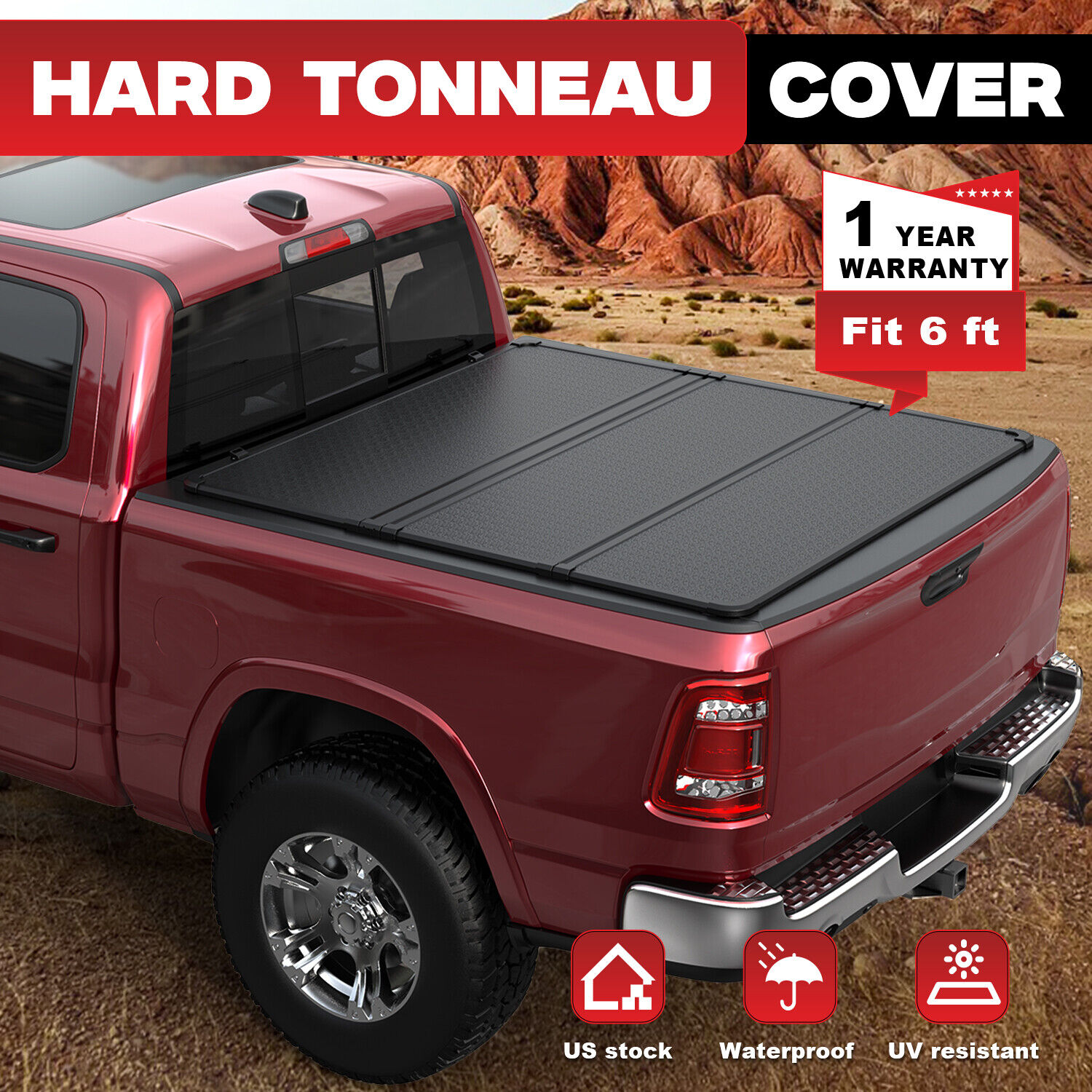 6FT 3-Fold Hard Solid Tonneau Cover For 2016-2023 Toyota Tacoma Truck Bed 72\'\'
