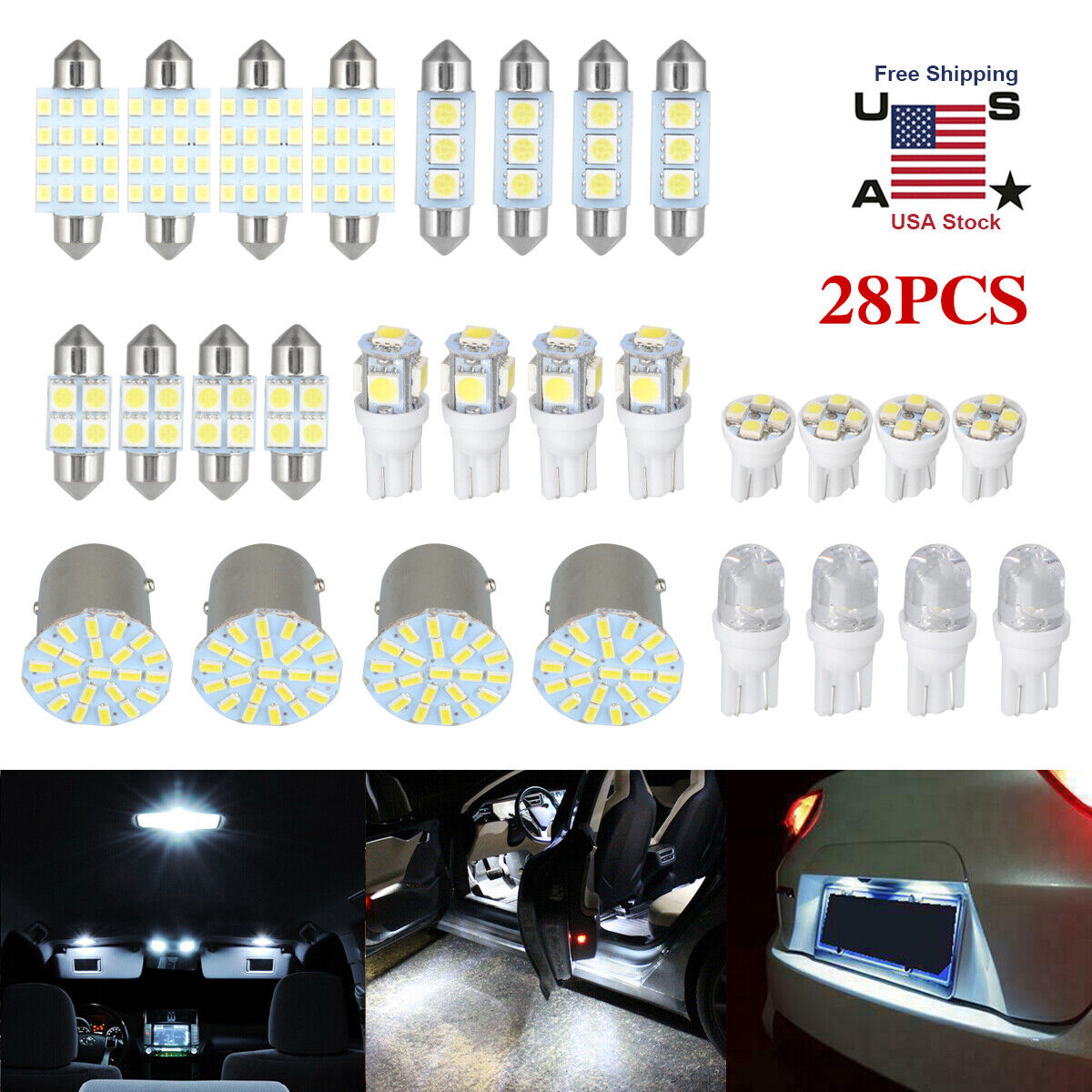 28Pcs Car Interior Combo LED Light Dome License Plate Mixed Lamp Set Accessories