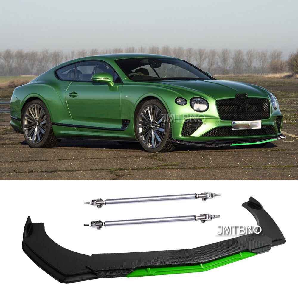 For Bentley Continental Front Bumper Lip Splitter +Strut Rods Carbon Fiber/Green