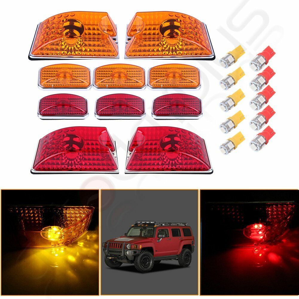 10x Amber/red Cab Marker roof Light w/5050 Bulbs for 03-09 Hummer H2 SUV