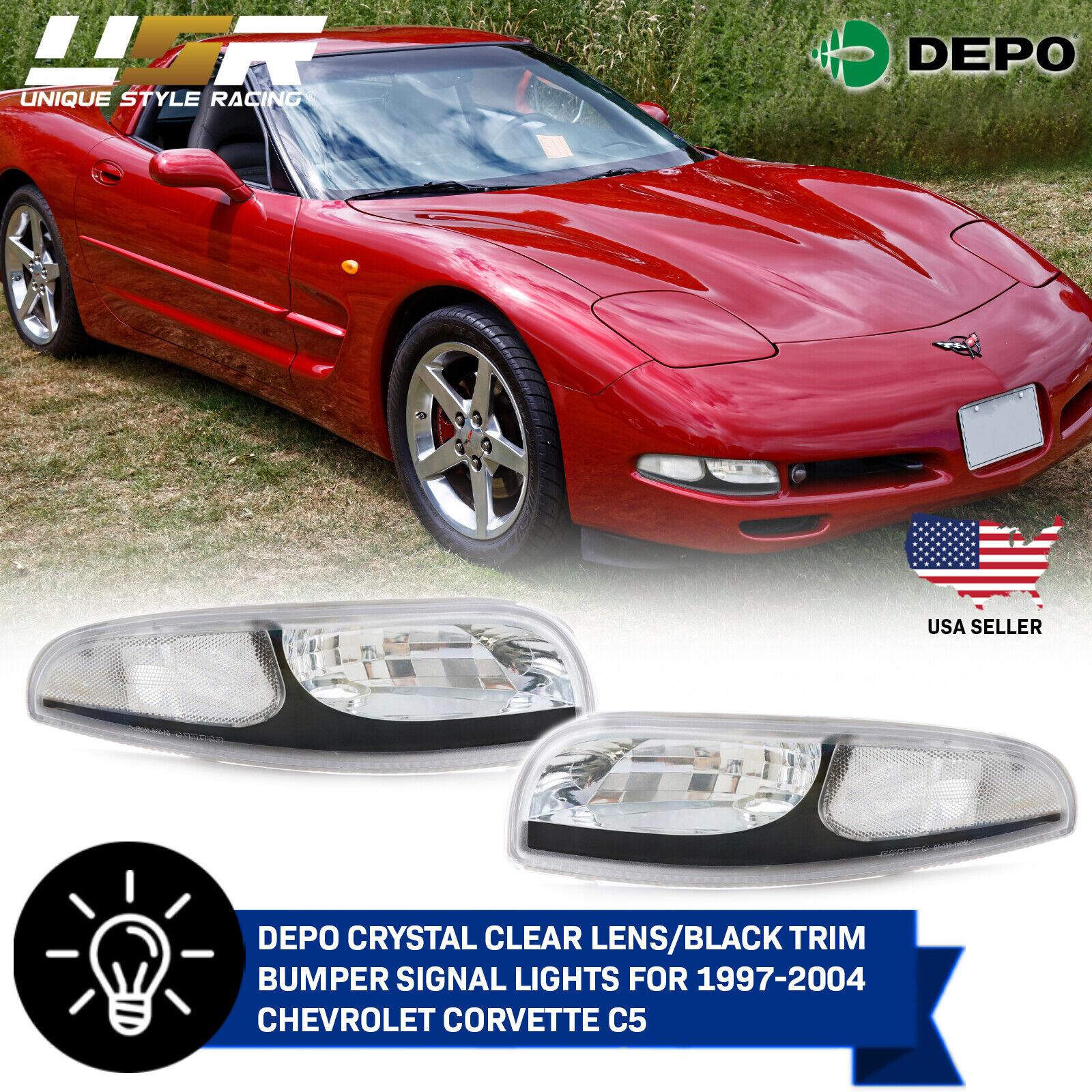 DEPO Black Clear Bumper Signal Lights For 1997-2004 Chevy Chevrolet Corvette C5