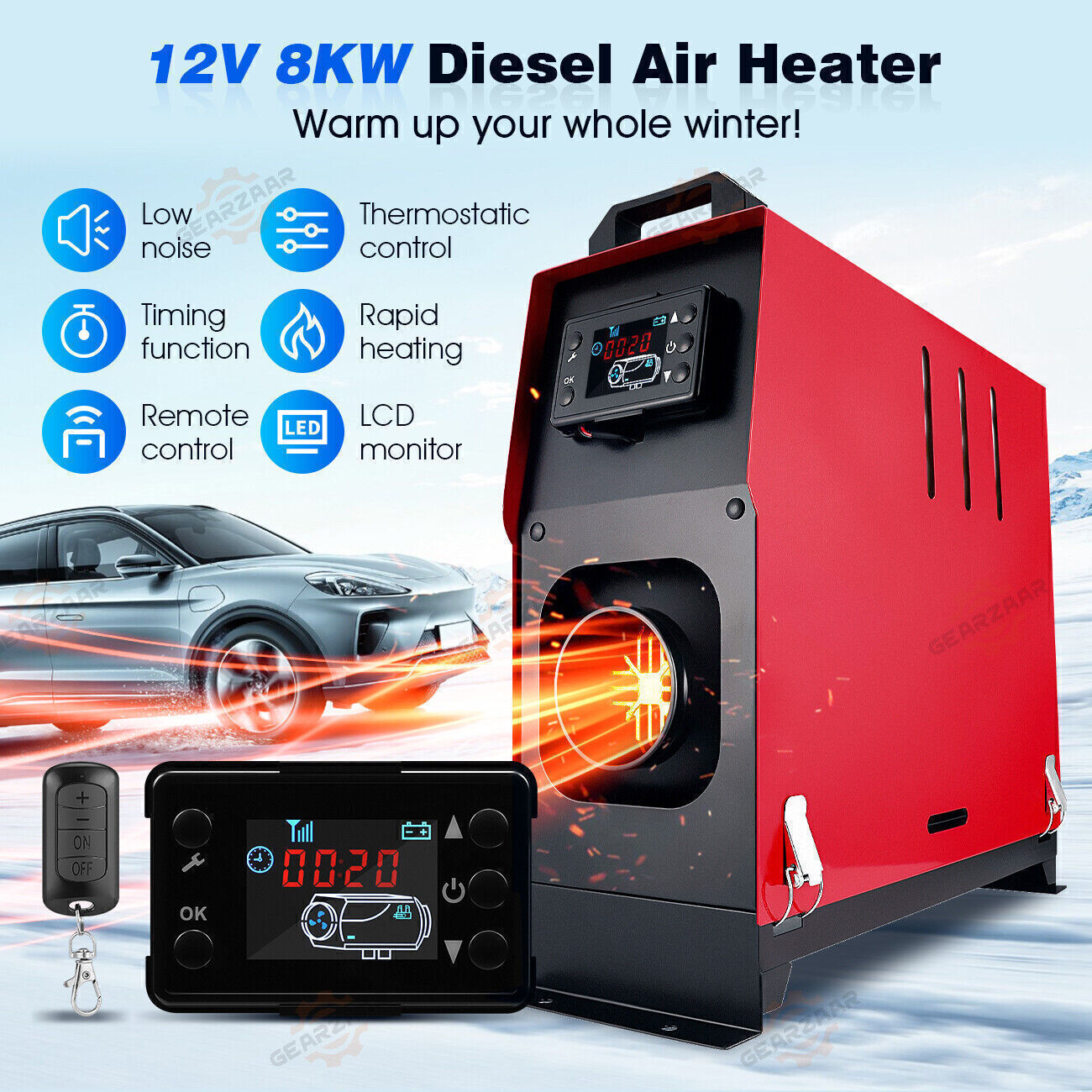 Gearzaar Diesel Air Heater All in one 8KW LCD Remote Control For Car RV Indoor
