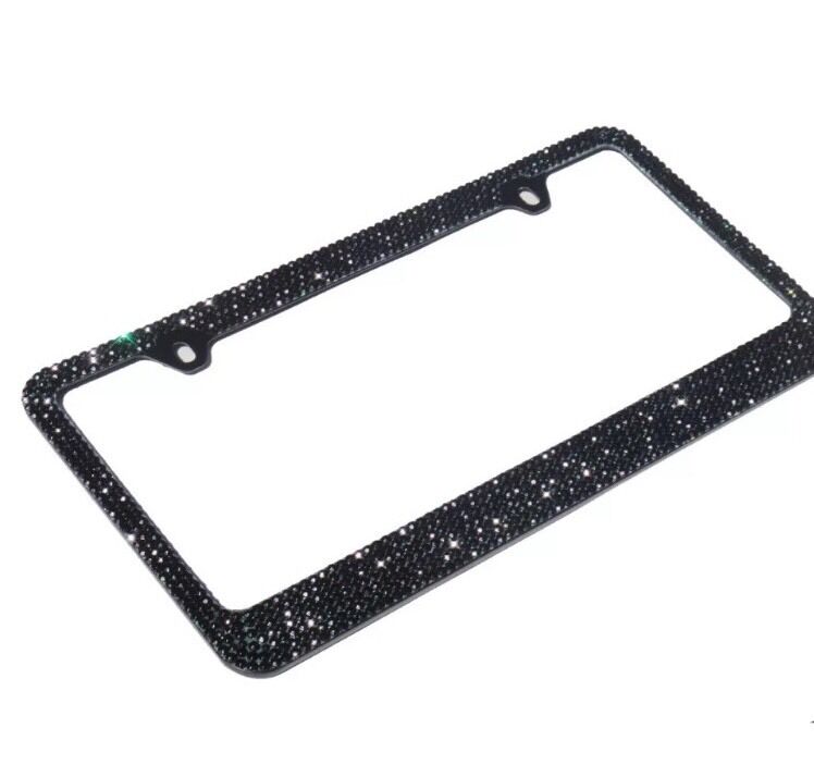 Premium Bling 7 Rows Black Diamond Crystal METAL License Plate Frame/Free Cap