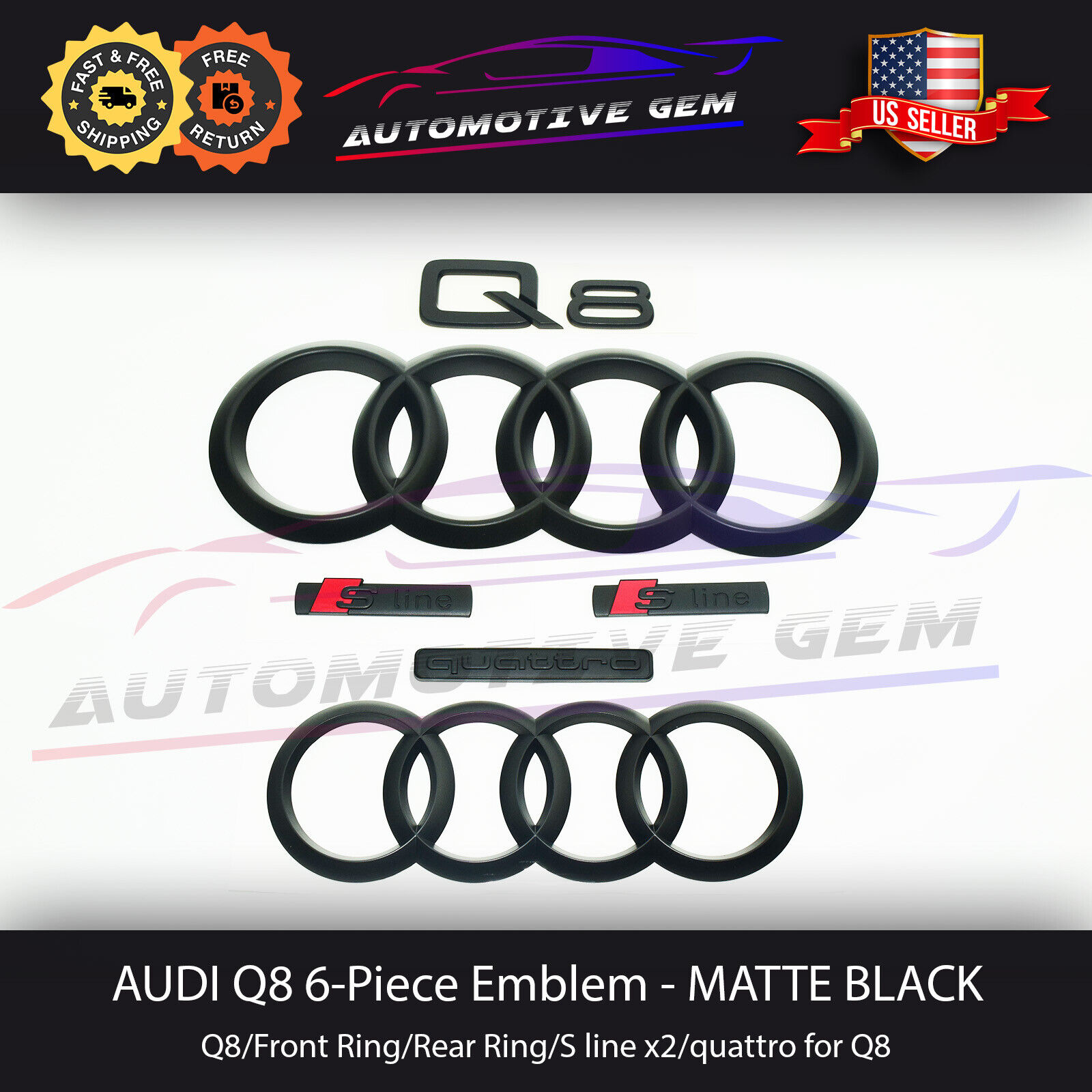 AUDI Q8 Emblem MATTE BLACK Grille & Trunk Ring S Line quattro Logo Badge Kit