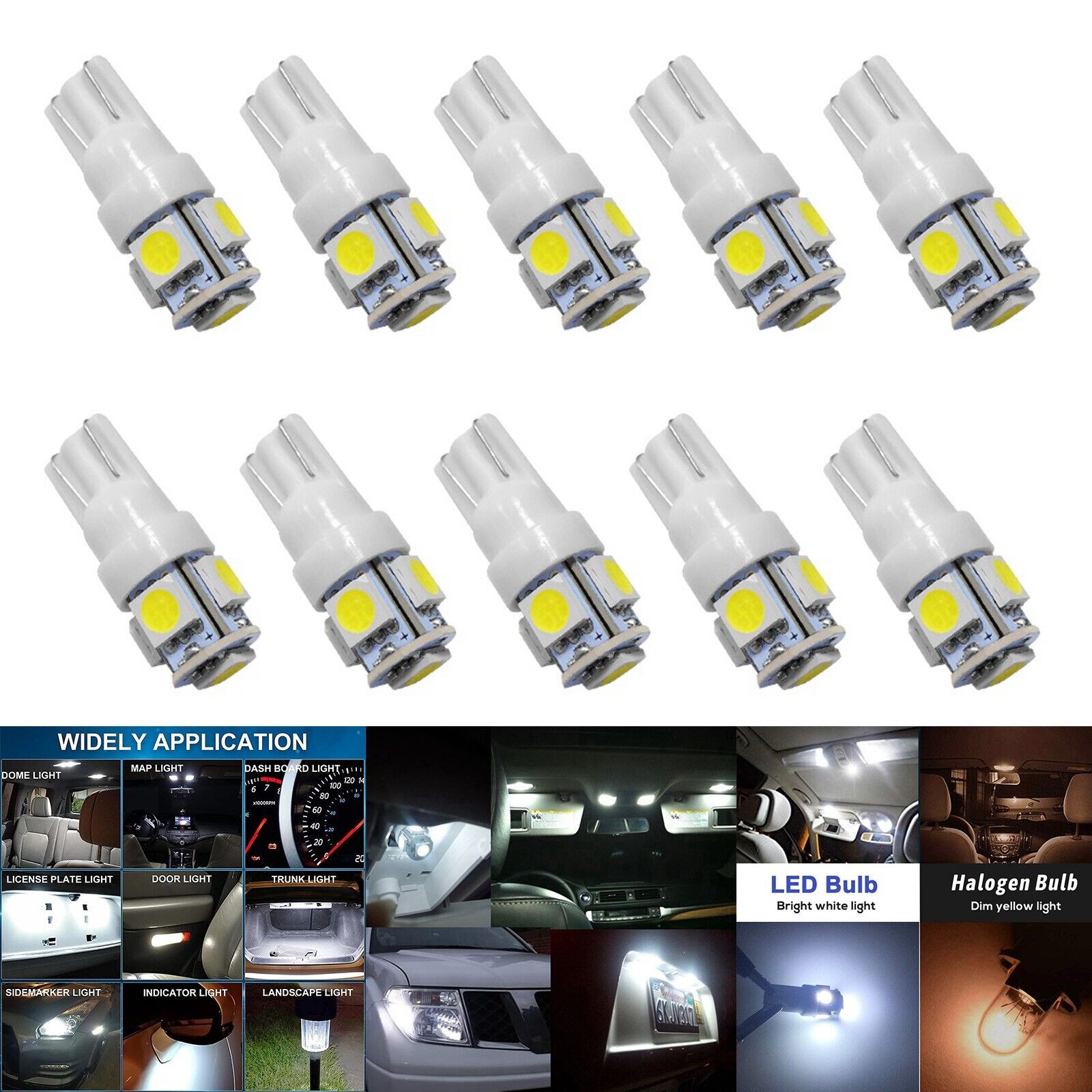 10x T10 2825 921 168 194 Super White 6000K 5-SMD LED License Plate Light Bulbs