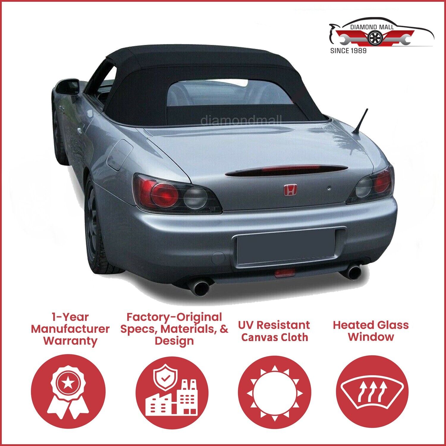2002-09 Honda S2000 Convertible Soft Top w/DOT Approved Heated Glass, Black