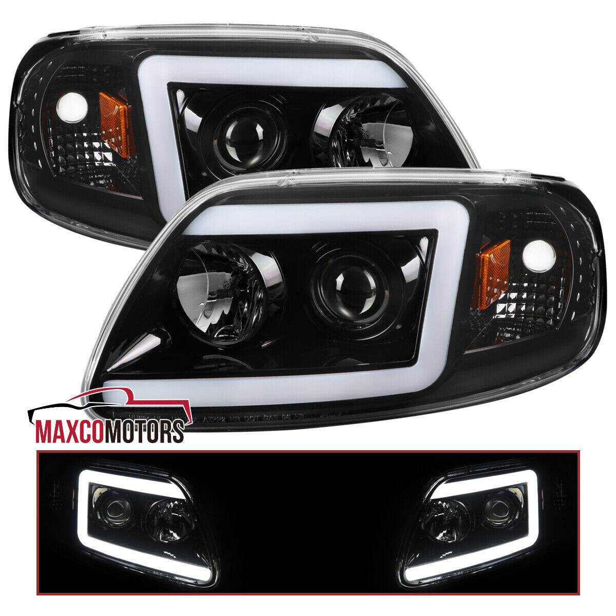 Jet Black Projector Headlights Fits 1997-2003 Ford F150 Expedition LED Tube Lamp