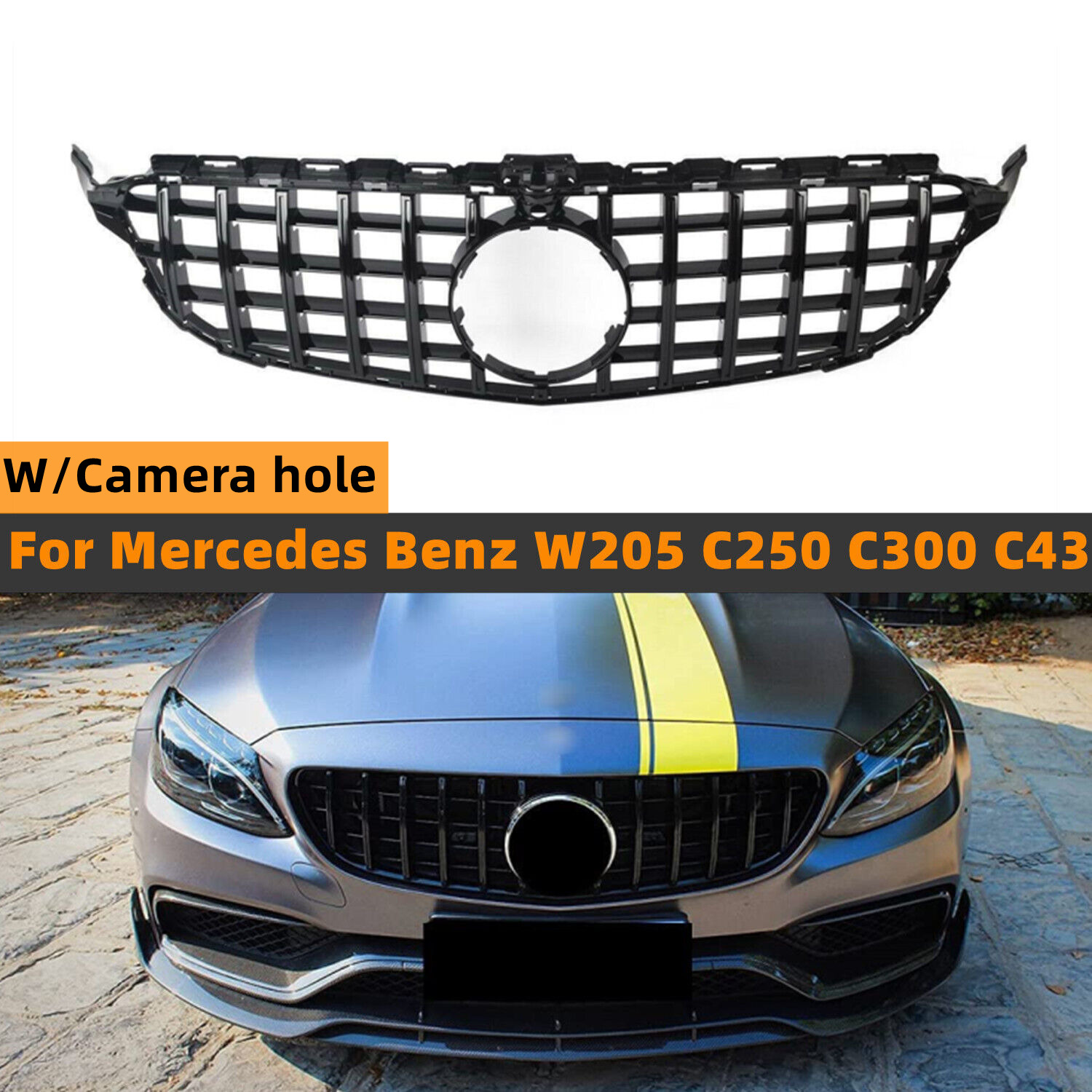 AMG GT R Front Grill Grille For Mercedes-Benz W205 C250 C300 15-18 W/Camera Hole