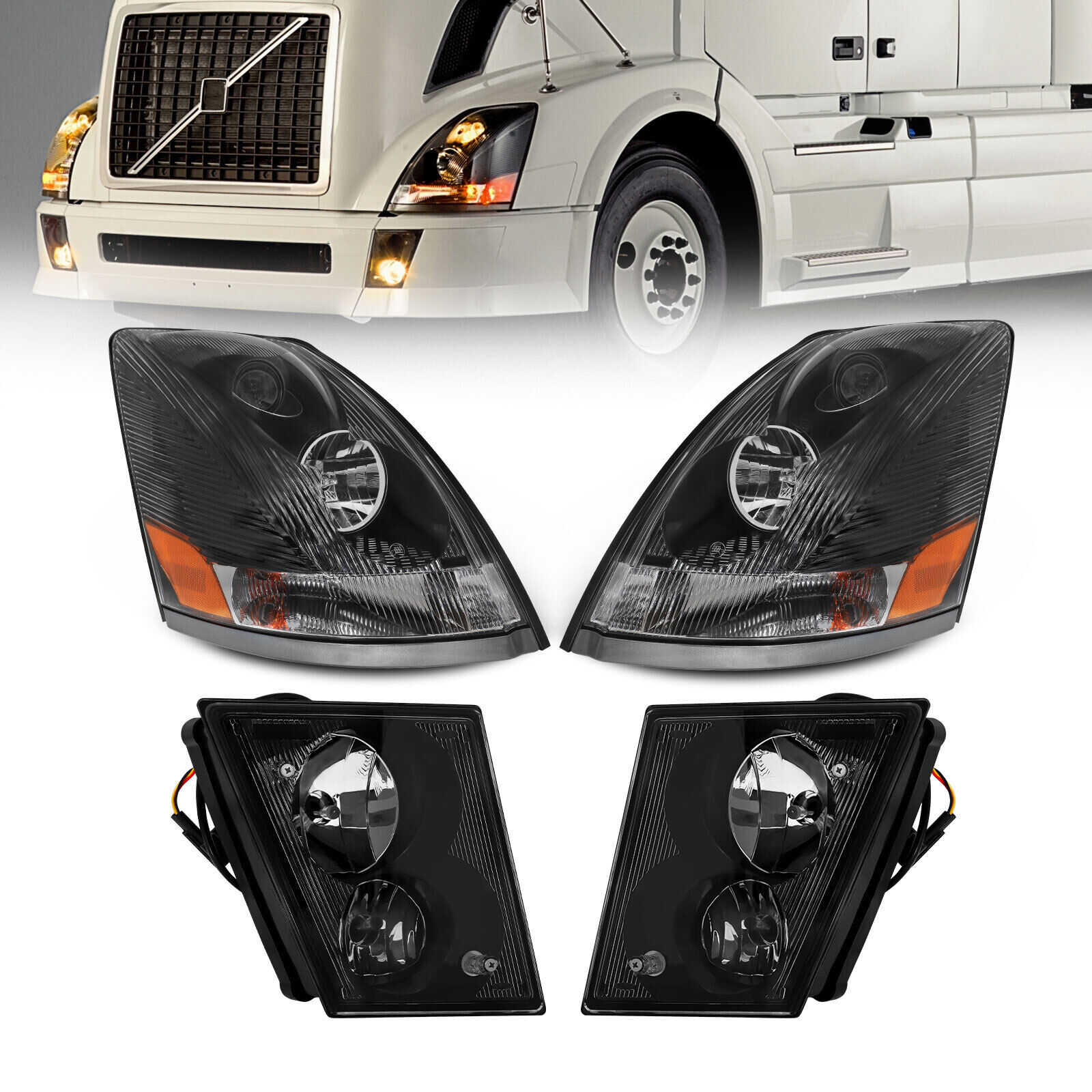 Black Projector Halogen Headlight+Fog Lights For Volvo VNL 2004-2017 Semi Truck 