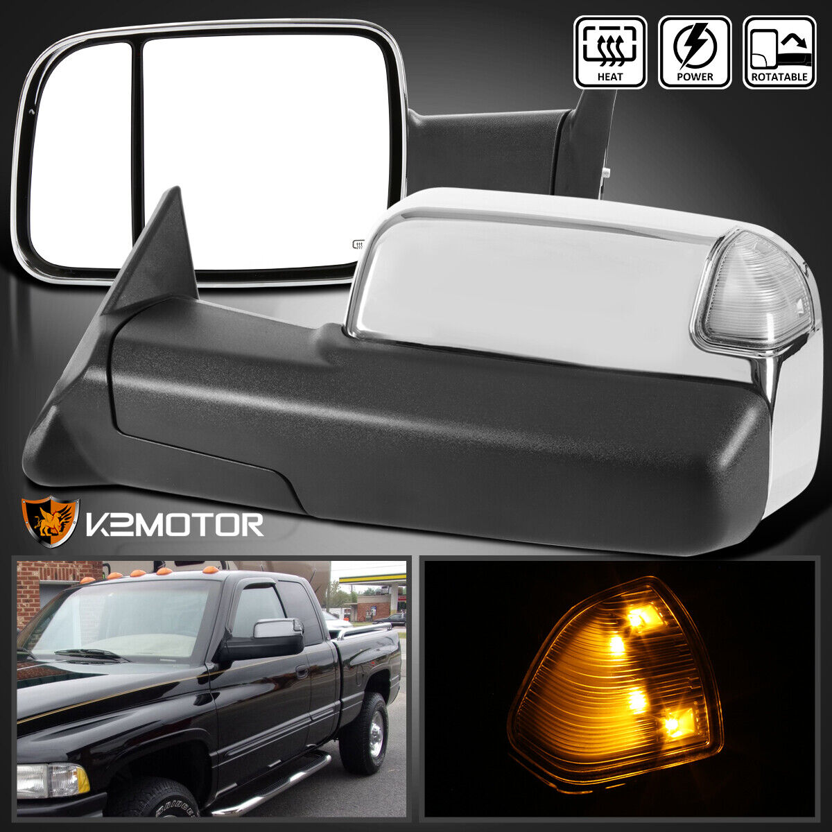 Fits 1998-2001 Dodge Ram 1500 Chrome Power Heated Towing Mirrors+LED Signal Lamp