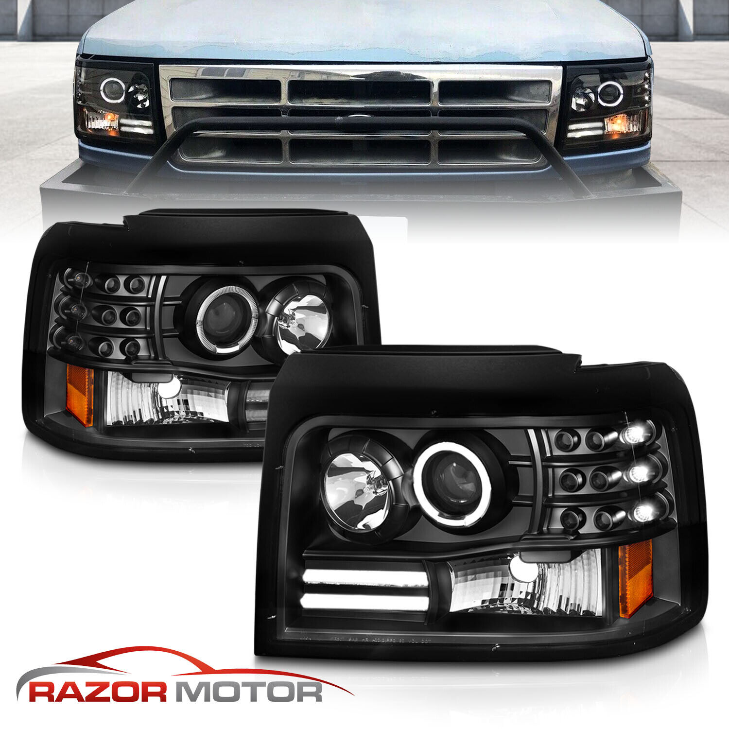 1992-1996 Projector Black Headlight for Ford Bronco/F150/F250/F350 [LED Halo]