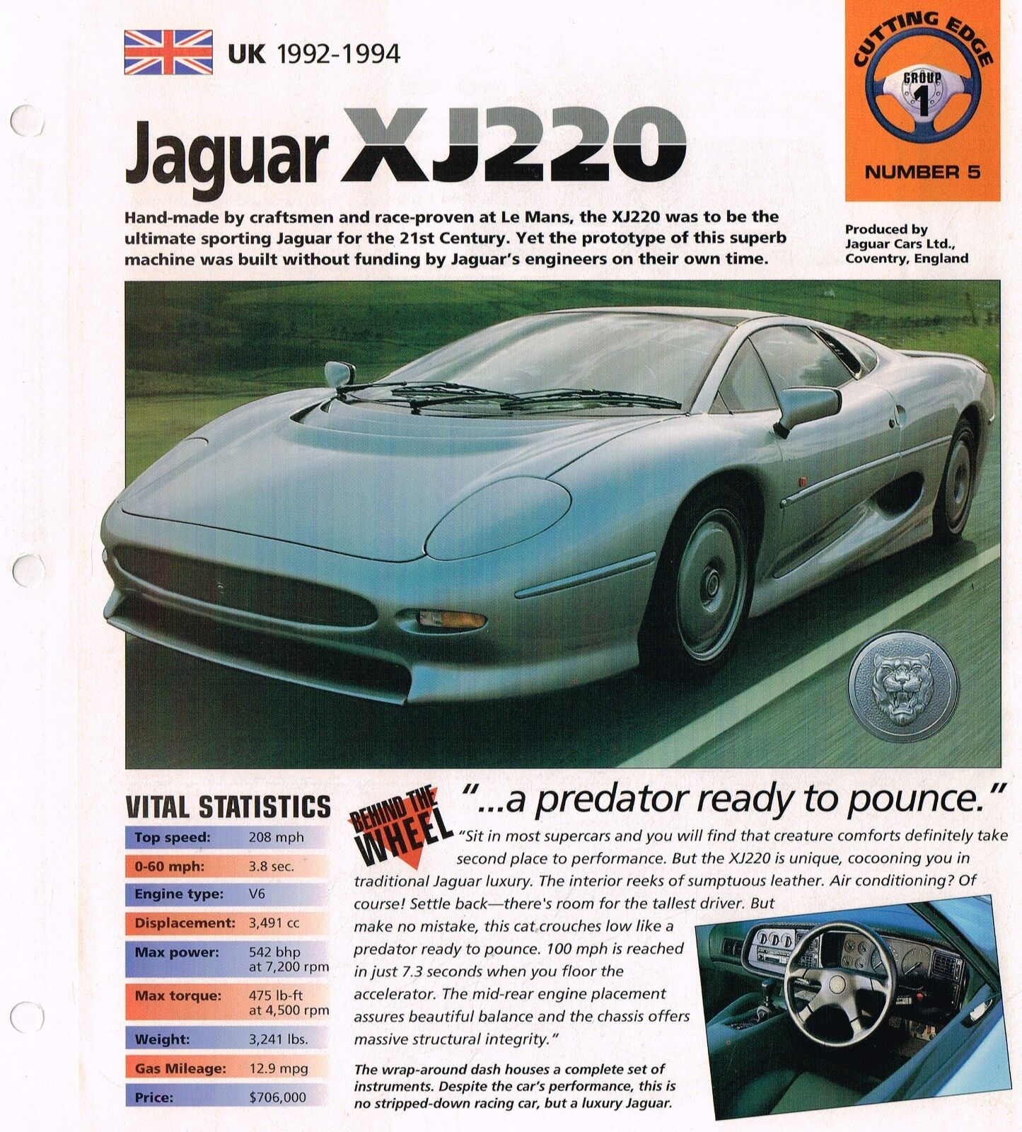 1993 JAGUAR XJ220 IMP Brochure, xj-220