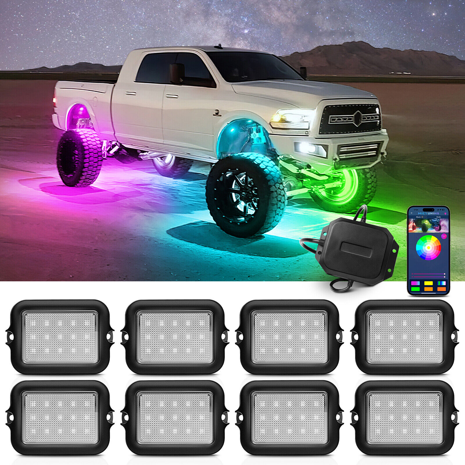 MICTUNING Y1 8 Pods RGB+IC LED Rock Lights Offroad Underbody Music Wireless APP