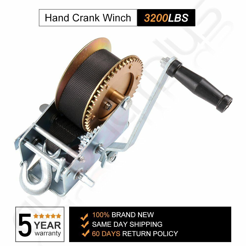 3200lbs Dual Gear Hand Winch Hand Crank 33ft Nylon Strap ATV Boat Trailer Winch