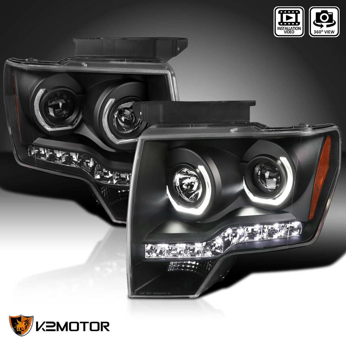 Black Fits 2009-2014 Ford F150 LED Halo Projector Headlights Lamps Left+Right