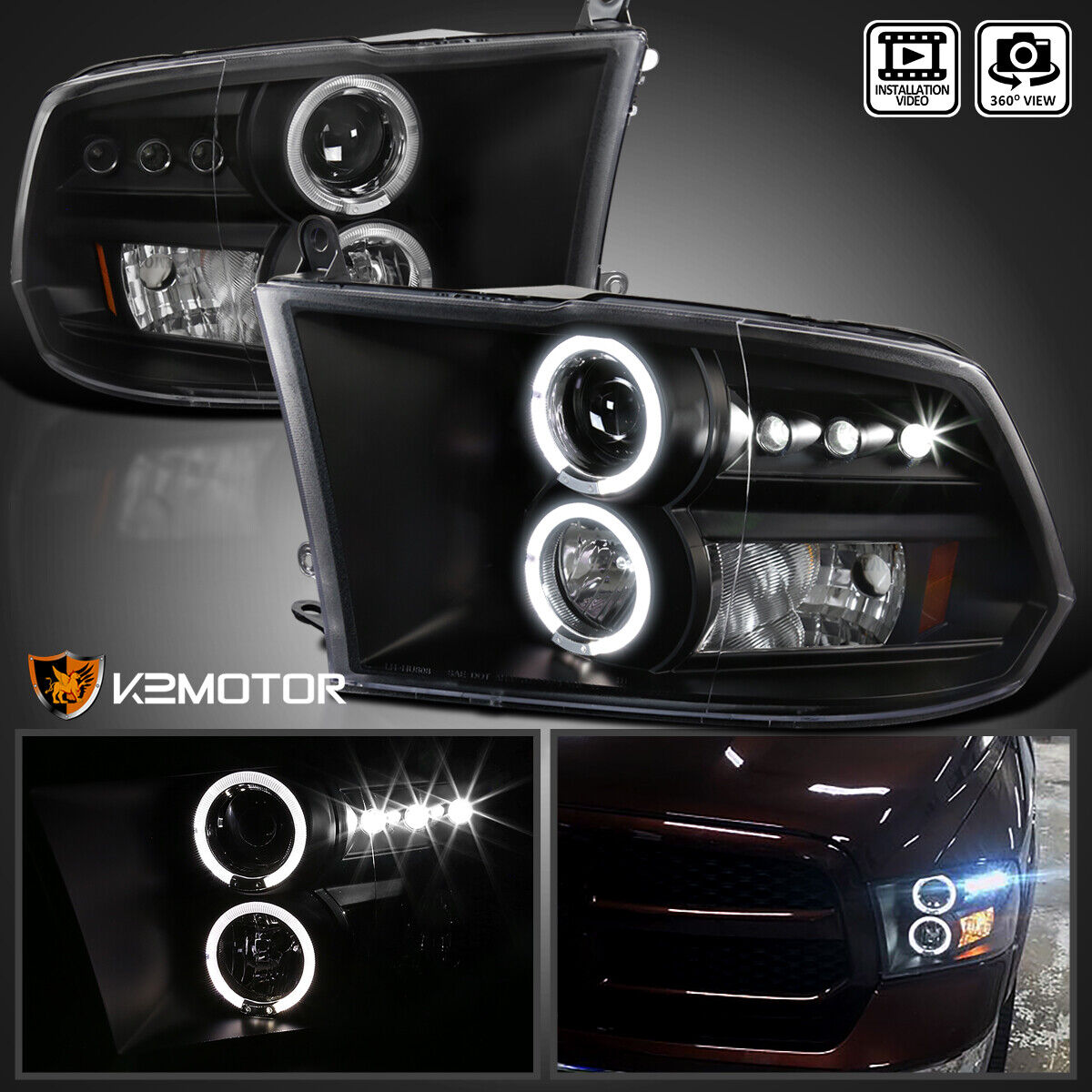 Fits Black 2009-2018 Dodge Ram 1500 2500 3500 LED Halo Projector Headlights